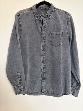 Primark Grey/Faded Black Denim Shirt Workwear Style Button Down Cotton Worn In L